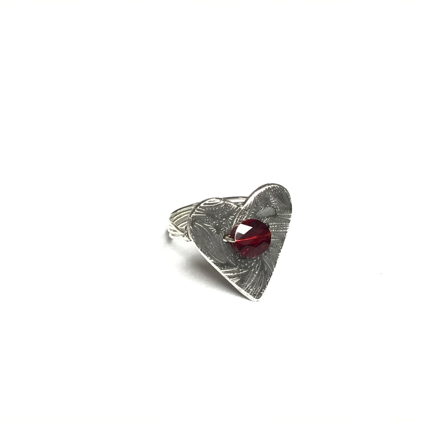 Sterling silver heart ring with ruby Swarovski crystal.