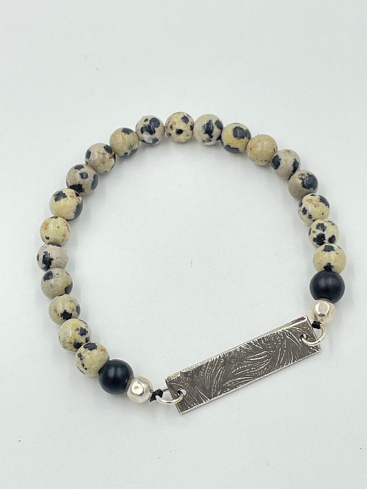 Dalmatian jasper, black obsidian bracelet with silver beads and silver clay centerpiece.